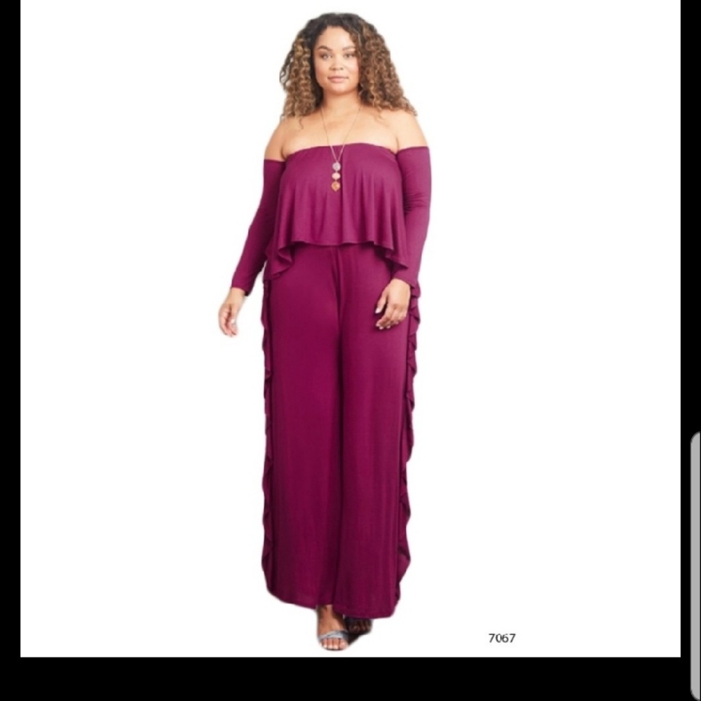 Plus size ruffled off the shoulder jumpsuit